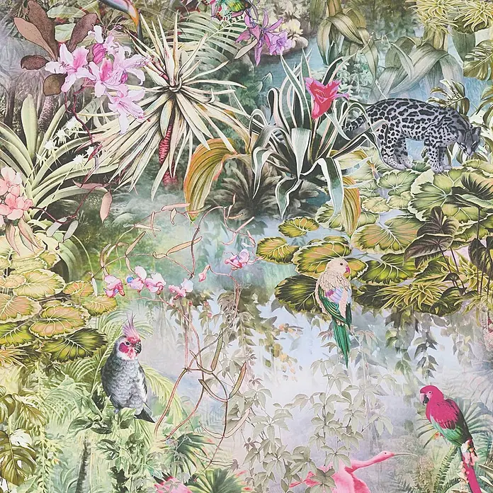 Tapete Dschungel Camilla M1-No.795 Vliestapete Grün Rosa Blumenoptik Natur -  - Tropische Dschungel-Tapete mit Pflanzen, rosa Blüten, Leopard, Papageien und Flamingo.