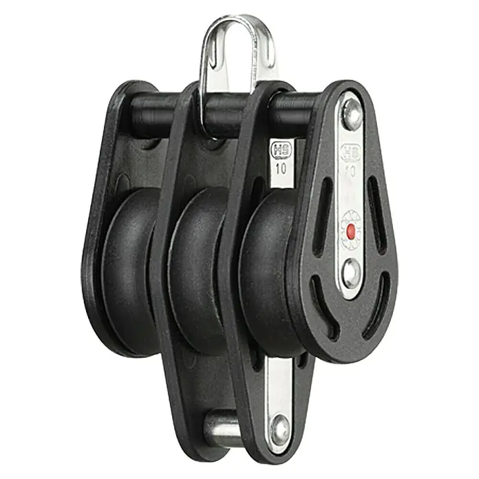 Sprenger Block - 10 mm, Hundsfott, Kugellager, 35 x 12 mm, Arbeitslast: 212 kg, 3 Rollen - Dreifacher Segelblock mit Schäkel für vielfältige Anwendungen im Segelsport. Robust und zuverlässig.