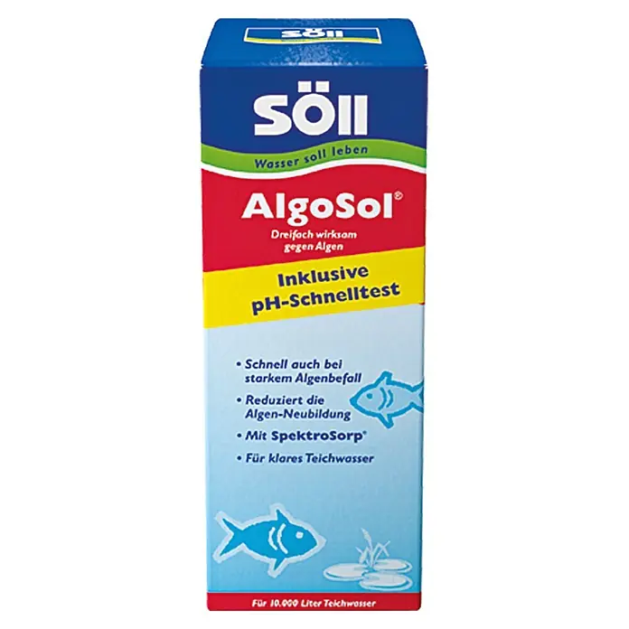 Söll Algenvernichter AlgoSol - 500 ml - Produktbild von Söll AlgoSol, einem Mittel zur Algenbekämpfung in Teichen, inklusive pH-Schnelltest, für klares Teichwasser.
