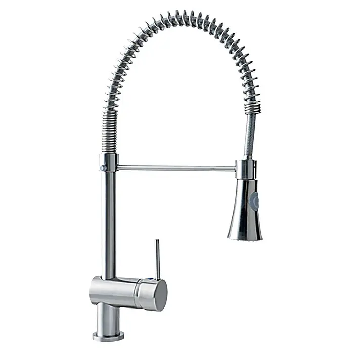 Camargue Merida Grifo de cocina - Extensible, Acero inoxidable, Mate - Moderno grifo de cocina con caño en espiral y mezclador monomando para un control preciso de la temperatura y el flujo de agua.