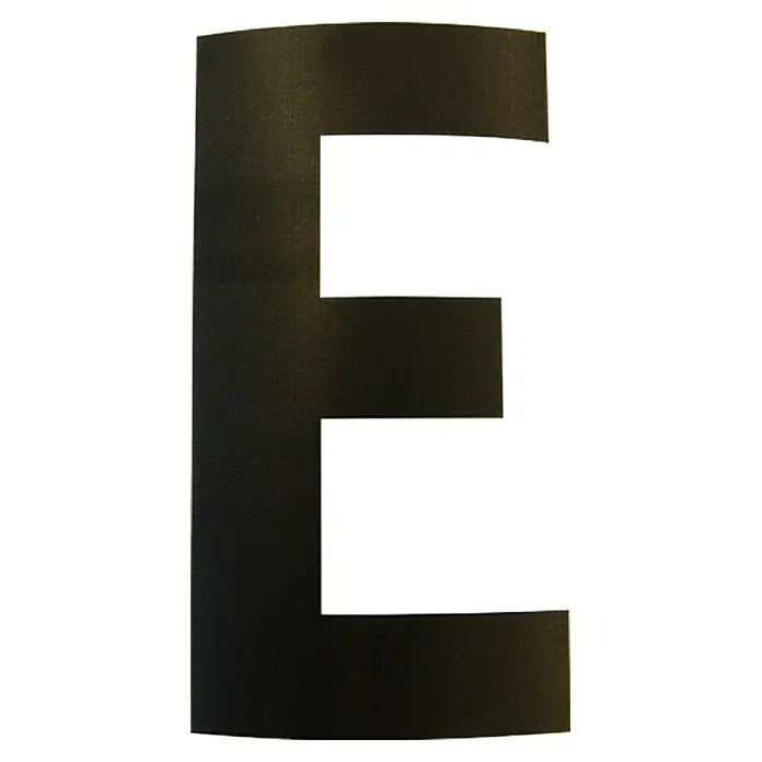 FolienzeichenBuchstabe E, 10 cm, PVC, Schwarz - Schwarzer Buchstabe "E" mit klaren, weißen Aussparungen, der eine deutliche und lesbare Typografie zeigt.