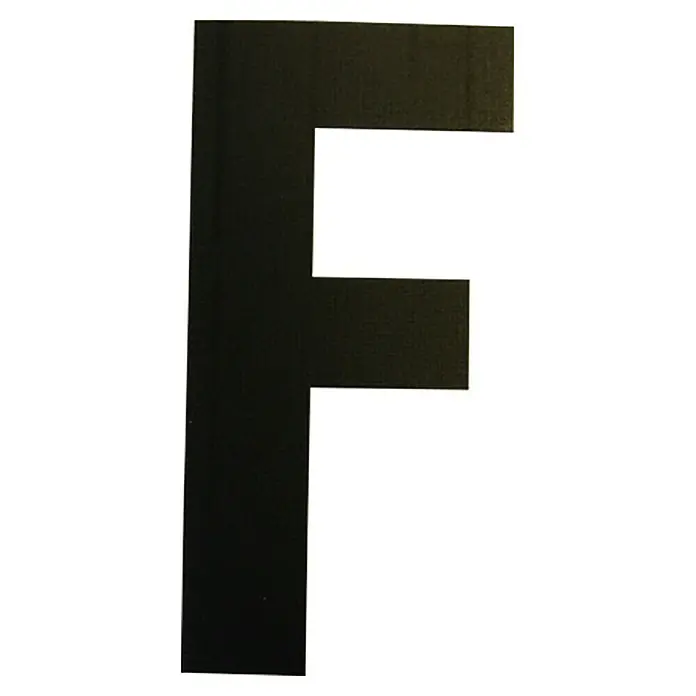 Folienzeichen - Buchstabe F, 10 cm, PVC, Schwarz - Schwarzer Buchstabe F auf weißem Grund. Das klare, serifenlose Design macht ihn zu einem vielseitigen Element für jeden Kontext.