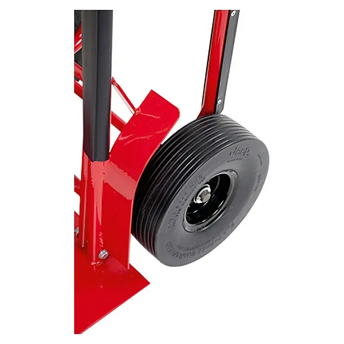 BAUHAUS Sackkarre HT 800 FRG - Stahl, Traglast: 250 kg - Nahaufnahme eines roten, robusten Transportwagens mit schwarzem Rad, ideal für schwere Lasten und den professionellen Einsatz.