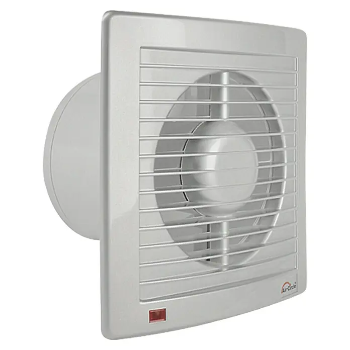 Air-Circle Wandventilator Air Style - Edelstahl, Durchmesser: 15 cm - Das Bild zeigt einen weißen, quadratischen Wandventilator mit horizontalen Lamellen und einem runden Gehäuse.