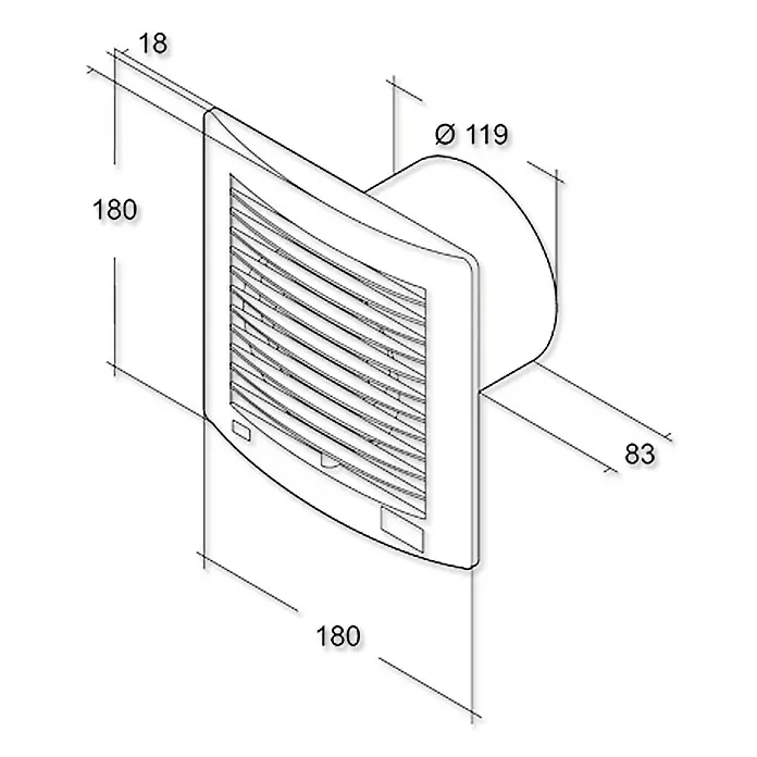 Air-Circle Wandventilator Air Style - Luftleistung: 165 m³/h, Weiß, Durchmesser: 12,5 cm, Economic-Timer - Abbildung einer Wandlüftung mit den Maßen 180 x 180 mm, Durchmesser 119 mm und einer Tiefe von 83 mm und 18 mm.