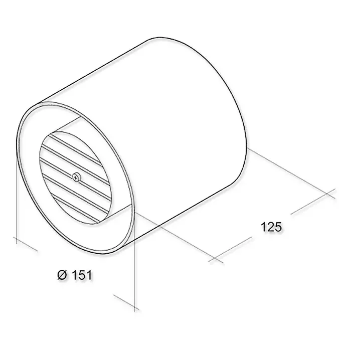 Air-Circle Rohreinschub-Ventilator - 15 cm, Weiß - Darstellung eines zylindrischen Lüftungsgitters mit den Maßen Ø 151 und 125. Technische Zeichnung eines runden Lüftungselements.