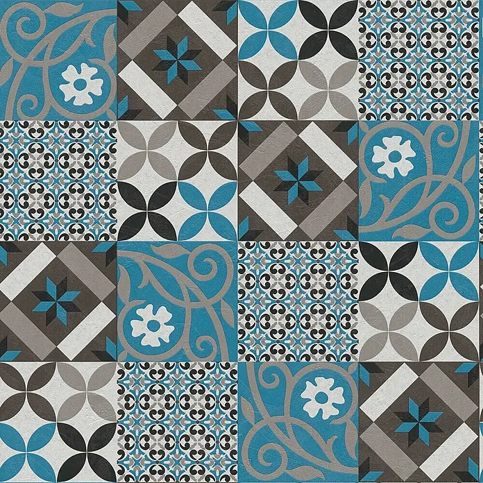 Tapete Fliesen Luca M1-No.522 Vliestapete Schwarz Blau Landhaus -  - Patchwork Fliesenmuster in Blau, Grau, Weiß und Dunkel mit geometrischen und ornamentalen Designs.
