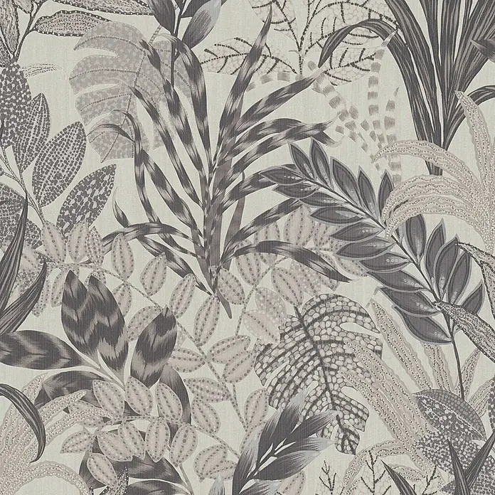 Tapete Dschungel Aleix M1-No.610 Vliestapete Grau Weiß Blumentapete Natur -  - Texturiertes tropisches Blattmuster in Grau- und Beigetönen mit verschiedenen Blattformen und gepunkteten Details.