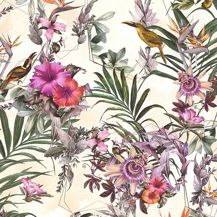Tapete Tiere Maria M1-No.792 Vliestapete Grün Beige Blumenoptik Dschungel -  - Tropisches Muster mit Vögeln, Hibiskus, Passionsblumen und Palmblättern auf hellem Hintergrund, akzentuiert mit geometrischen Linien.