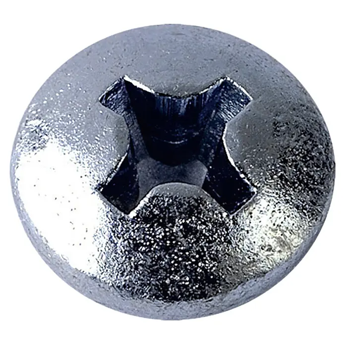 Profi Depot Blechschraube - Ø x L: 4,2 x 16 mm, Verzinkt, 100 Stk. - Nahaufnahme eines glänzenden Kreuzschlitzschraubenkopfes.