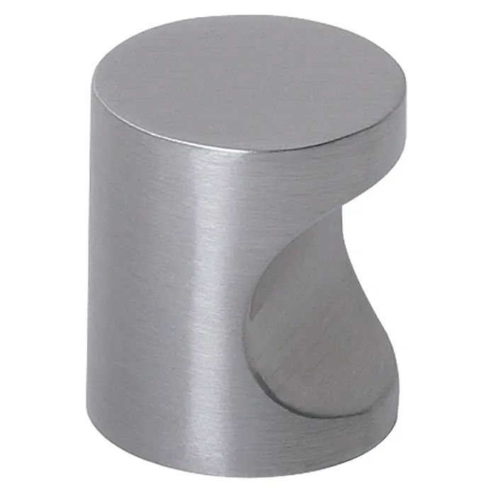Rei Pomo para muebles - Tipo de tirador del mueble: Botón, Ø x Al: 18 x 21 mm, Otros, Niquelado - Primer plano de un moderno tirador para muebles de color plateado con un diseño cilíndrico y tirador de dedo curvado.