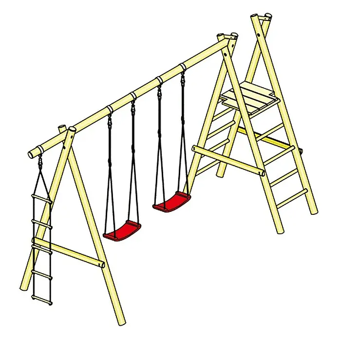 Kletterschaukel Kai - L x B x H: 410 x 180 x 220 cm, Holz, Grün - Abbildung eines Spielgerüsts mit zwei Schaukeln, einer Leiter und einer Plattform, ideal für den Garten.