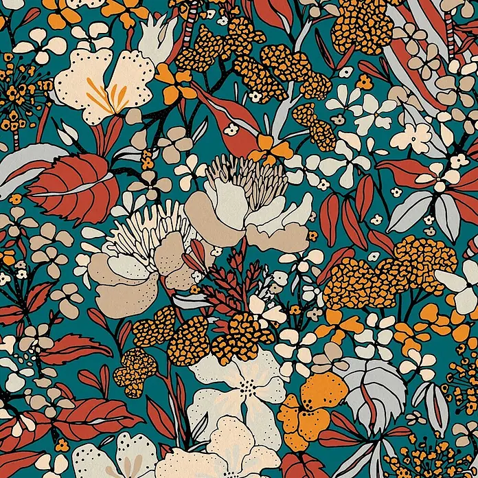 Tapete Dschungel Aleix M1-No.565 Vliestapete Bunt Gelb Natur Palmen -  - Nahtloses Blumenmuster auf dunkelgrünblauem Hintergrund, mit Blüten und Blättern in Creme, Terrakotta, Gelb und Grau, schwarz umrandet.