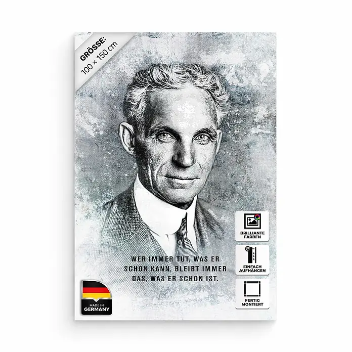 Hustling Sharks Leinwandbild GEH NEUE WEGE – 100 × 150 cm -  - Schwarz-weißes Leinwandbild von Henry Ford, 100x150 cm, mit strukturiertem Hintergrund. Hergestellt in Deutschland, fertig zum Aufhängen.