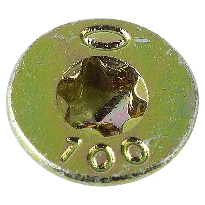 Profi Depot Holzbauschraube TX - Senkkopf, TX für TORX-Antriebe, 50 Stk., Ø x L: 8 x 80 mm - Nahaufnahme einer goldenen Torx-Schraube mit flachem Kopf und der Aufschrift "700", ideal für präzise Befestigungen.