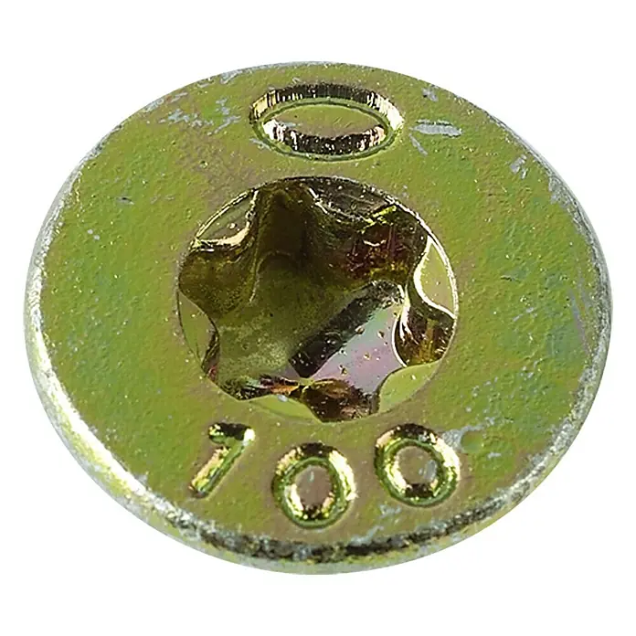 Profi Depot Holzbauschraube TX - Senkkopf, TX für TORX-Antriebe, 25 Stk., Ø x L: 8 x 300 mm - Nahaufnahme einer goldenen Torx-Schraube mit flachem Kopf und der Aufschrift "700", ideal für präzise Befestigungen.