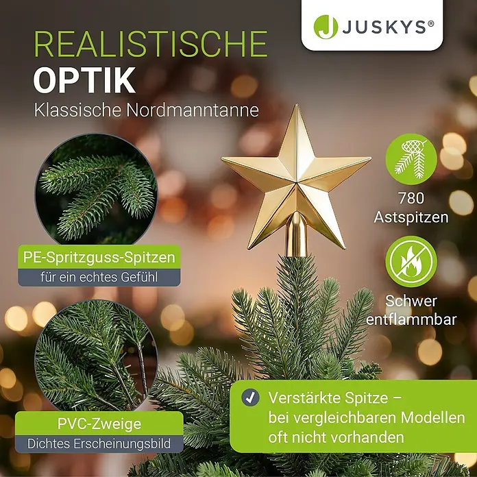 Weihnachtsbaum Norvi - L -  - Ein realistischer künstlicher Weihnachtsbaum mit grünen PE- und PVC-Zweigen und goldenem Stern, mit verstärkter Spitze und flammhemmenden Eigenschaften.