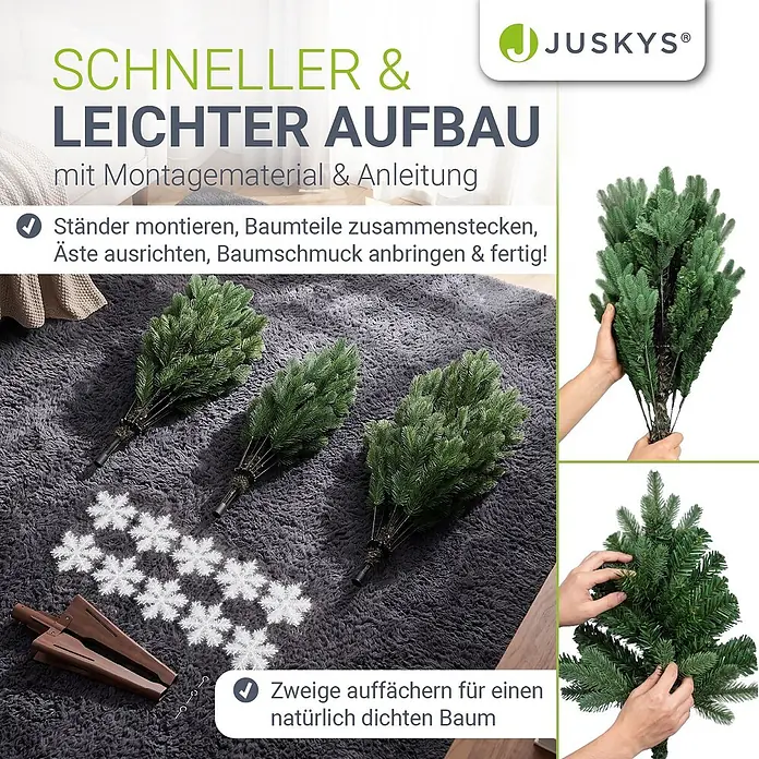Weihnachtsbaum Norvi - L -  - Künstliche Weihnachtsbaumäste und ein Holzständer zur einfachen Montage, auf einem Teppich mit Schneeflocken.