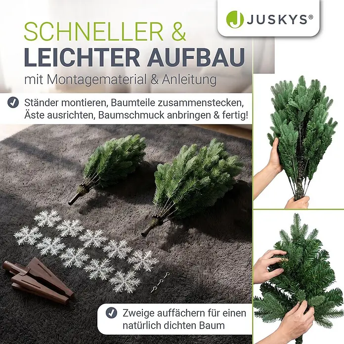 Weihnachtsbaum Norvi - M -  - Teile eines künstlichen Weihnachtsbaums, brauner Ständer und Schneeflocken-Deko zur einfachen Montage.