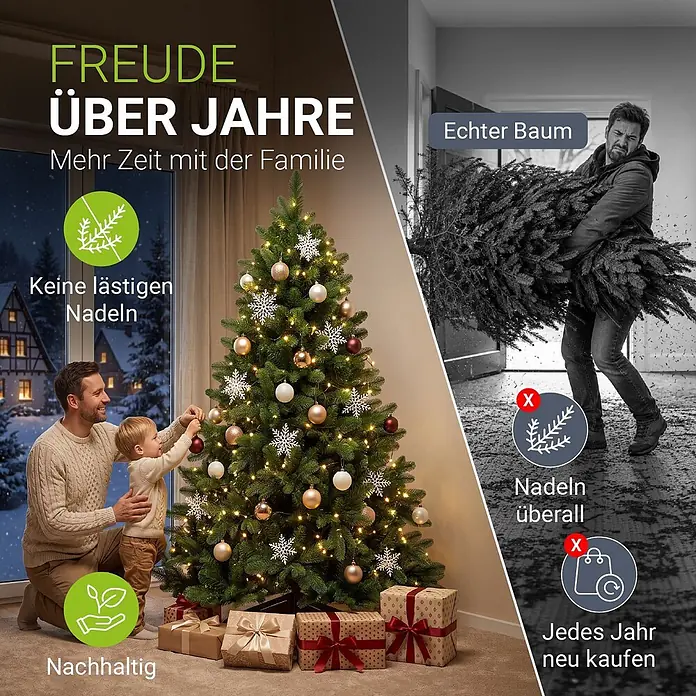 Weihnachtsbaum Norvi - M -  - Ein künstlicher Weihnachtsbaum, von einer Familie geschmückt, hebt seine Nadelfreiheit und Wiederverwendbarkeit gegenüber echten Bäumen hervor.