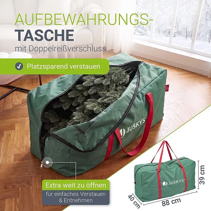 Weihnachtsbaum Norvi - M -  - Grüne Aufbewahrungstasche mit roten Griffen und Doppelreißverschluss, gefüllt mit einem Weihnachtsbaum. Zeigt auch Abmessungen.