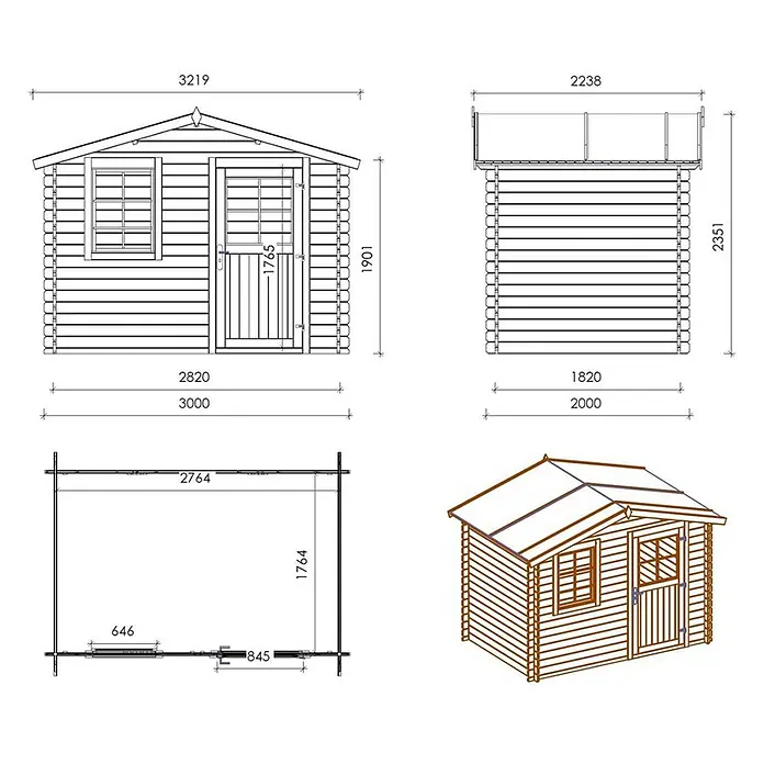 Gartenhaus, Gerätehaus 6m2 - 3x2m - 28mm -  - Hölzernes Gartenhaus mit Tür und Fenster, ergänzt durch technische Zeichnungen mit Maßen.
