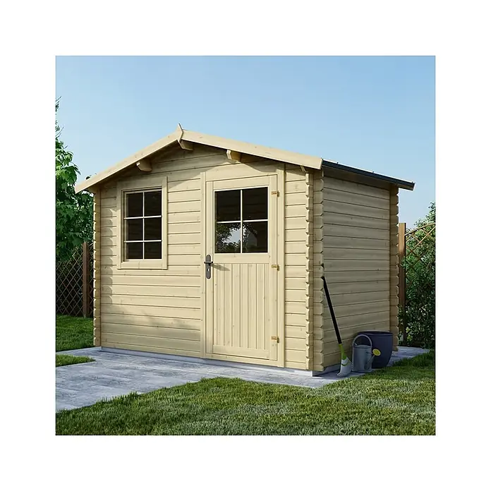 Gartenhaus, Gerätehaus 6m2 - 3x2m - 28mm -  - Heller Holzgartenschuppen mit Tür und Fenster, auf Betonfundament neben Gras, mit Werkzeugen davor.
