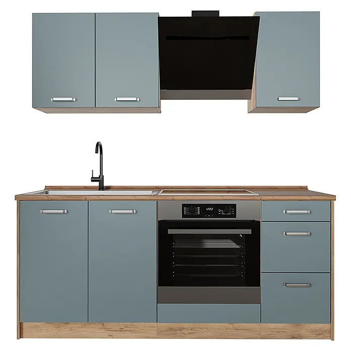 Singleküche R-Line 180 cm Blau-Grau Art.-Nr. 67040 -  - Modulare Küchenzeile mit hellblauen Schränken, Holzdetails, integriertem Backofen, Kochfeld, Spüle und Dunstabzugshaube.