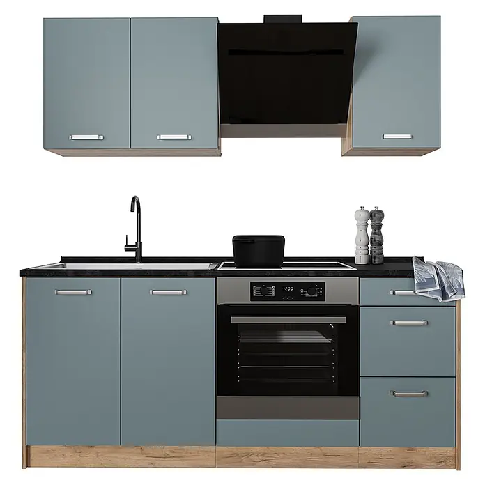 Singleküche R-Line 180 cm Blau-Grau Art.-Nr. 67040 -  - Moderne, blau-graue modulare Küchenzeile mit Holzoptik-Sockel, schwarzer Arbeitsplatte, Spüle, Kochfeld, Backofen und Dunstabzugshaube.