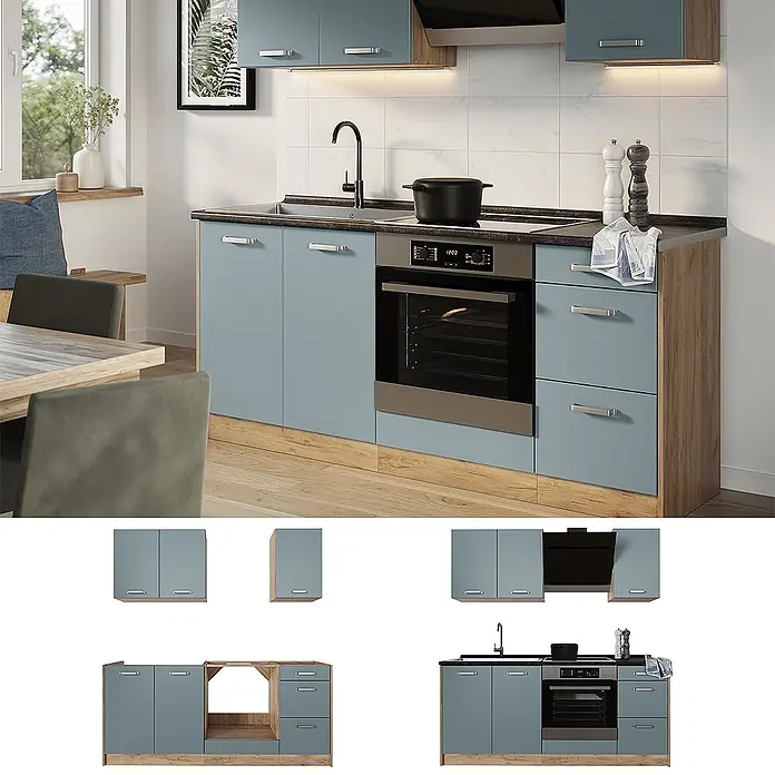 Singleküche R-Line 180 cm Blau-Grau Art.-Nr. 67040 -  - Moderne blau-graue Küchenzeile mit Eichenholz-Effekt, Ofen, Herd und Spüle, in zeitgemäßer Küchenumgebung.
