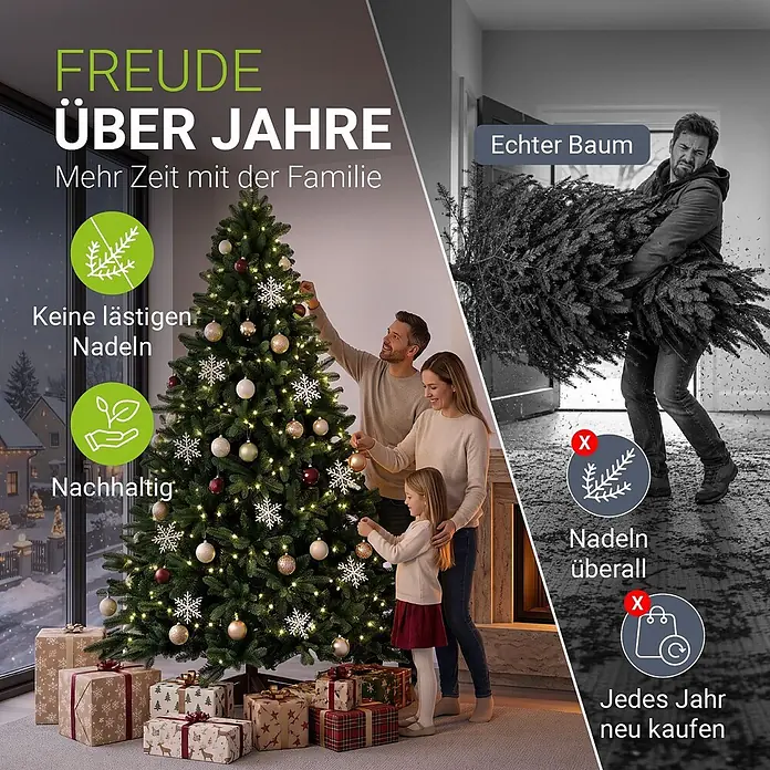 Weihnachtsbaum Norvi - XL -  - Künstlicher Weihnachtsbaum, von einer Familie geschmückt, bietet jahrelange Freude ohne Nadeln und ist nachhaltig.