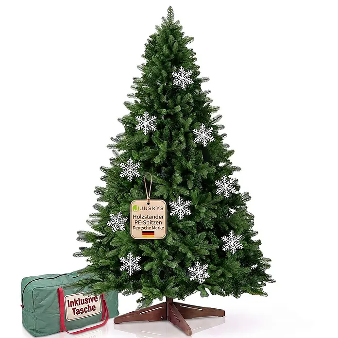 Weihnachtsbaum Norvi - XL -  - Grüner JUSKYS Kunstbaum mit PE-Spitzen, Holzständer, Schneeflocken und Aufbewahrungstasche.