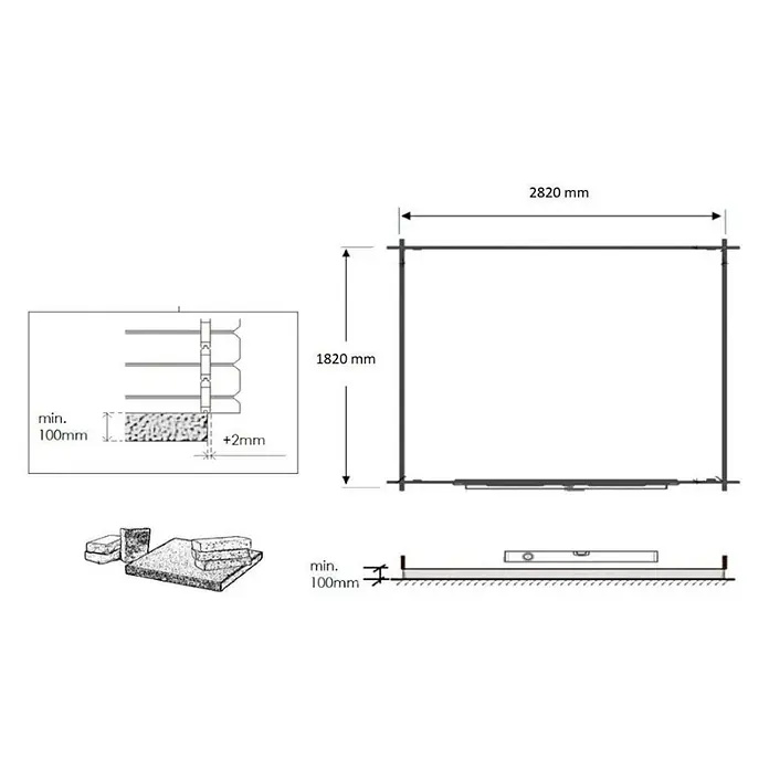 Gartenhaus, Gerätehaus 6m2 - 3x2m - 28mm -  - Diagramm mit Fundamentmaßen (2820x1820 mm) und Basisanforderungen: min. 100 mm Tiefe mit +2 mm Nivellierungstoleranz.