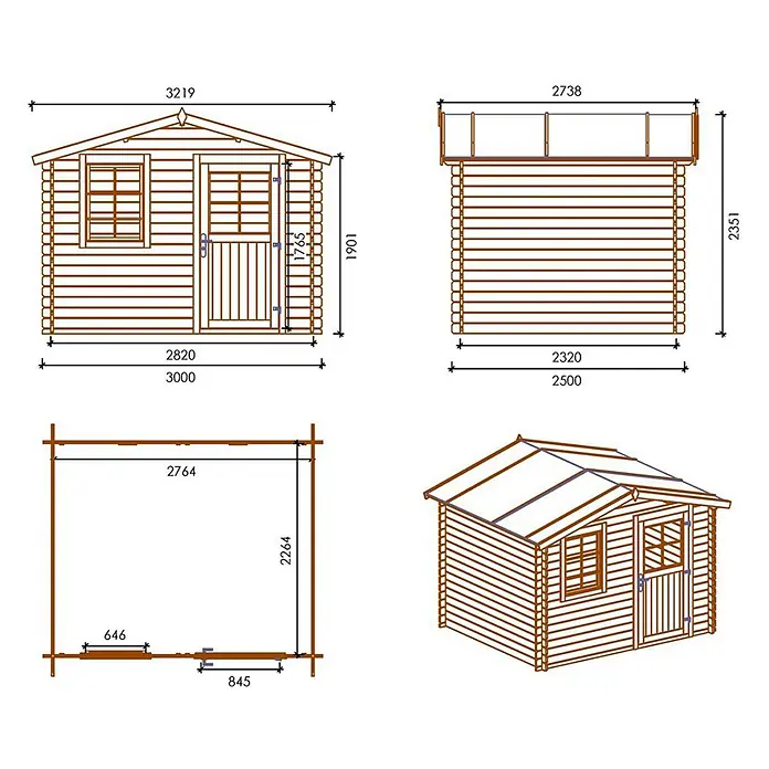 Gartenhaus, Gerätehaus 7.5m2 - 3x2.5m - 28mm -  - Baupläne eines Holzgartenhauses mit Vorder-, Seiten- und Grundrissansichten sowie einer isometrischen Darstellung mit Maßen.