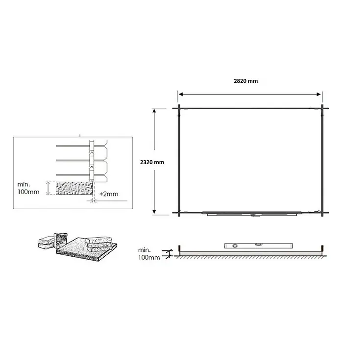 Gartenhaus, Gerätehaus 7.5m2 - 3x2.5m - 28mm -  - Technische Zeichnung eines Fundaments für ein Gartenhaus mit Maßen (2820x2320mm), min. 100mm Basis und 2mm Wandversatz, inkl. Wasserwaage und Pflastersteinen.