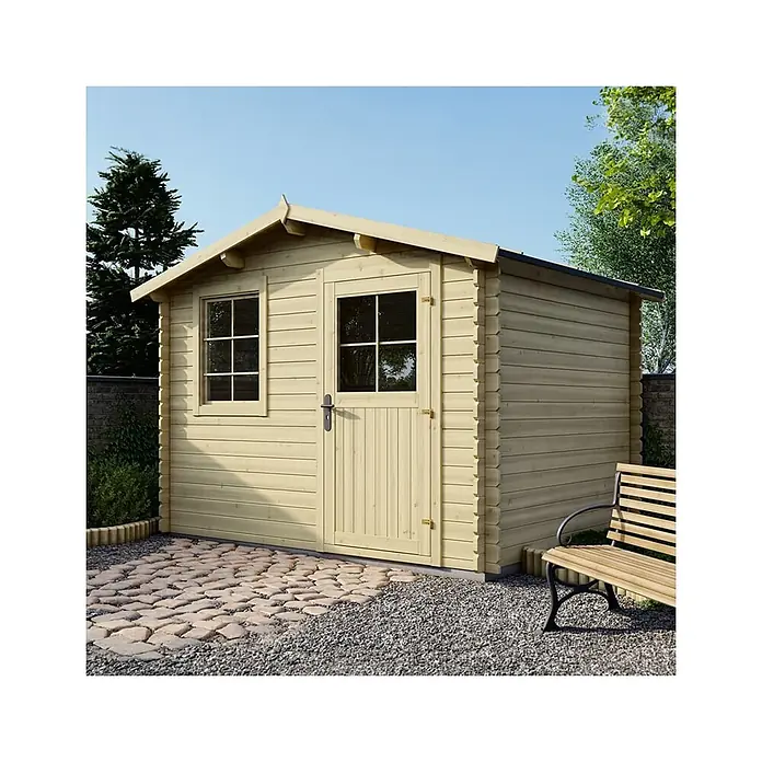 Gartenhaus, Gerätehaus 7.5m2 - 3x2.5m - 28mm -  - Gartenhaus aus hellem Holz mit Fenster und Tür, auf gepflastertem und gekiestem Bereich mit einer Bank.