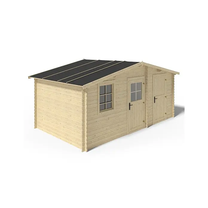Gartenhaus, Gerätehaus 15m2 - 5x3m - 28mm -  - Gartenhaus aus hellem Holz mit schwarzem Dach, einem Fenster und zwei Türen.