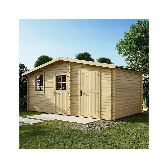 Gartenhaus, Gerätehaus 15m2 - 5x3m - 28mm -  - Helles Gartenhaus aus Holz mit zwei Türen und einem Fenster.