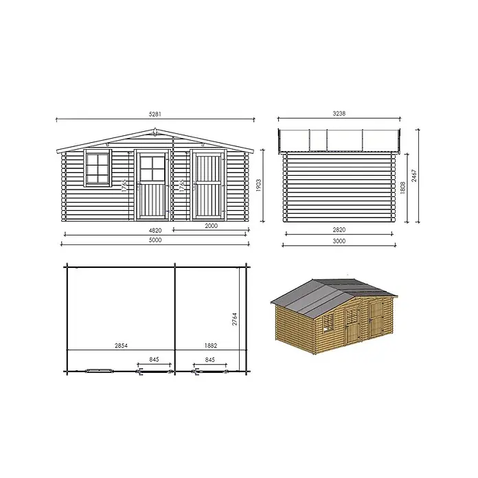Gartenhaus, Gerätehaus 15m2 - 5x3m - 28mm -  - Gartenhaus aus Holz mit Bauplänen und detaillierten Maßen.