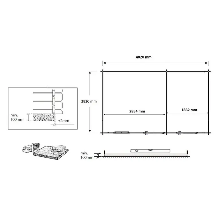 Gartenhaus, Gerätehaus 15m2 - 5x3m - 28mm -  - Technische Zeichnungen von Gebäudemaßen (4820x2820mm) und Fundamentdetails (min. 100mm Tiefe, ±2mm Toleranz).
