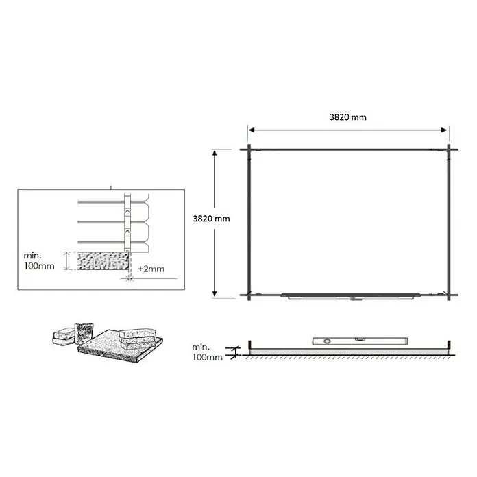 Gartenhaus, Gerätehaus 16m2 - 4x4m - 28mm - Imprägniert -  - Technische Zeichnung mit Fundamentdetails (min. 100mm Tiefe, nivelliert) und Außenmaßen (3820x3820 mm) für eine Gartenstruktur.