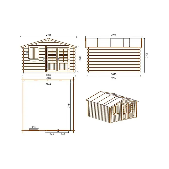 Gartenhaus, Gerätehaus 16m2 - 4x4m - 28mm -  - Detaillierte Baupläne und 3D-Ansicht eines Gartenhauses aus Holz mit Satteldach, Doppeltür und Seitenfenster.