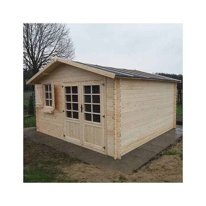 Gartenhaus, Gerätehaus 16m2 - 4x4m - 28mm -  - Helles Gartenhaus aus Holz mit schwarzem Dach und Doppeltüren, auf Betonfundament in Grünfläche stehend.