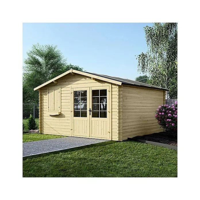 Gartenhaus, Gerätehaus 16m2 - 4x4m - 28mm -  - Helles Holzgartenhaus mit Doppeltüren und Fenster, in einem grünen Garten mit Weg.