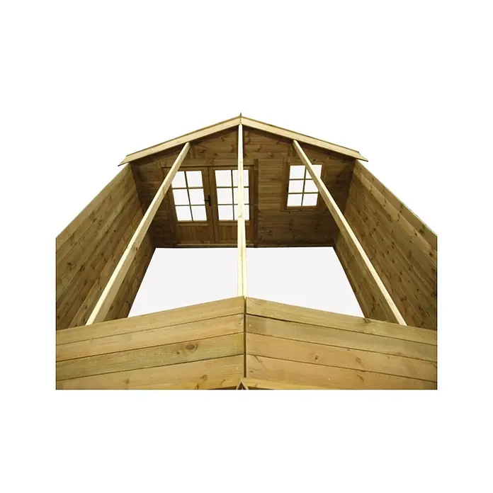 Gartenhaus, Gerätehaus 16m2 - 4x4m - 28mm -  - Giebelseite eines hellbraunen Holzschuppens oder Spielhauses mit Doppeltür und Fenster.