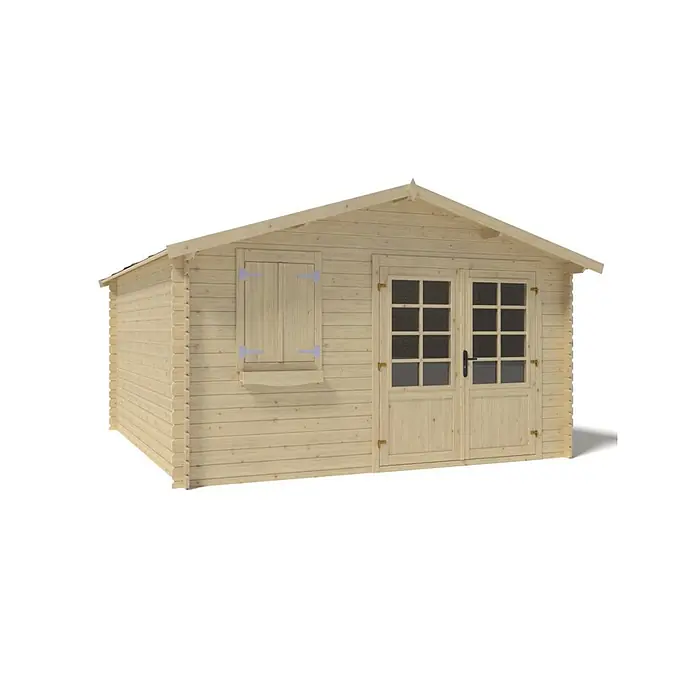 Gartenhaus, Gerätehaus 16m2 - 4x4m - 28mm -  - Gartenschuppen aus hellem Naturholz mit doppelten Glastüren und Fensterläden. Perfekt als Lager oder kleines Gartenhaus.