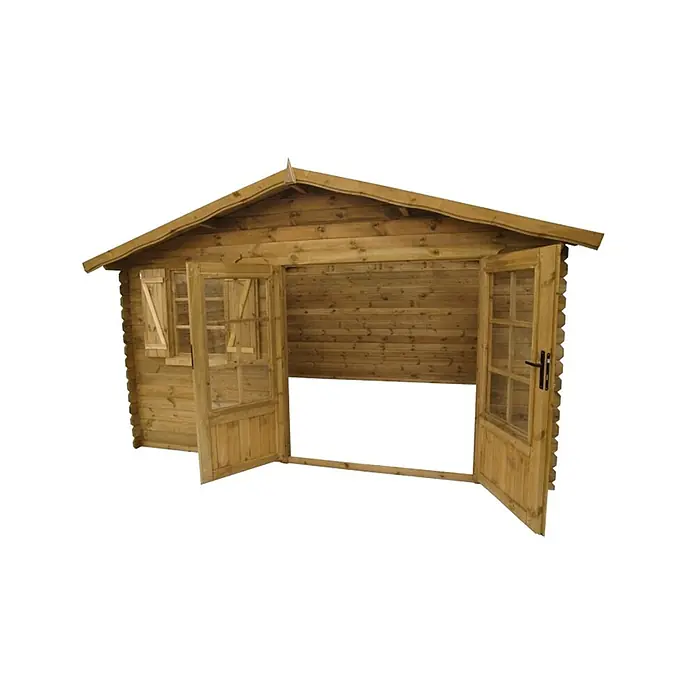 Gartenhaus, Gerätehaus 16m2 - 4x4m - 28mm -  - Blockhaus-Gartenhaus aus Naturholz mit Giebeldach, offenen Doppeltüren und Fensterläden.