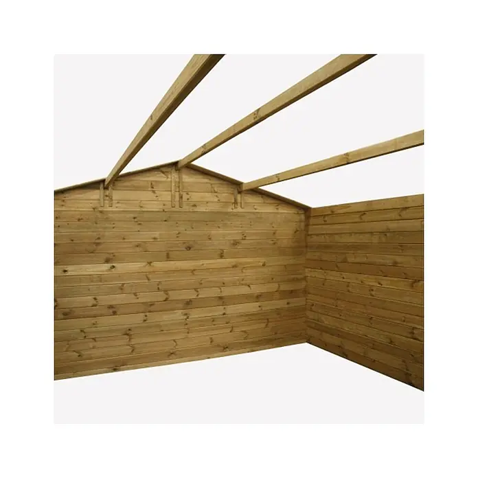 Gartenhaus, Gerätehaus 16m2 - 4x4m - 28mm -  - Hölzernes Schuppen-Interieur mit hellbraunen Wänden und freiliegenden Dachbalken.