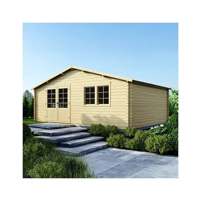 Gartenhaus, Gerätehaus 30m2 - 6x5m - 40mm -  - Helles Gartenhaus aus Holz mit Doppeltür und zwei Fenstern, in einem Garten mit Steinstufen.