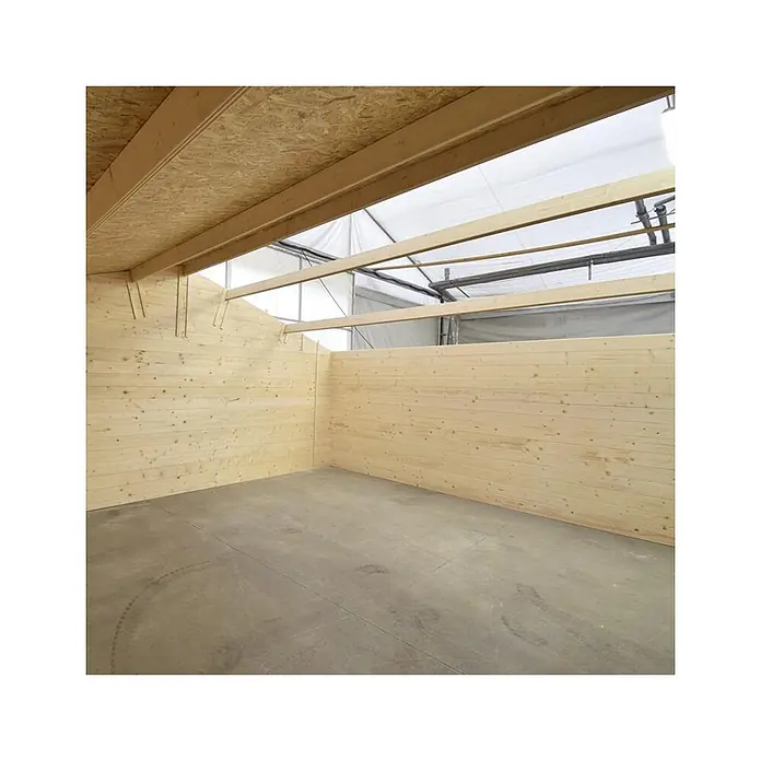 Gartenhaus, Gerätehaus 30m2 - 6x5m - 40mm -  - Innenansicht eines Modulzimmers mit hellen Holzpaneelwänden, Betonboden und OSB-Decke unter einem weißen Zeltdach.